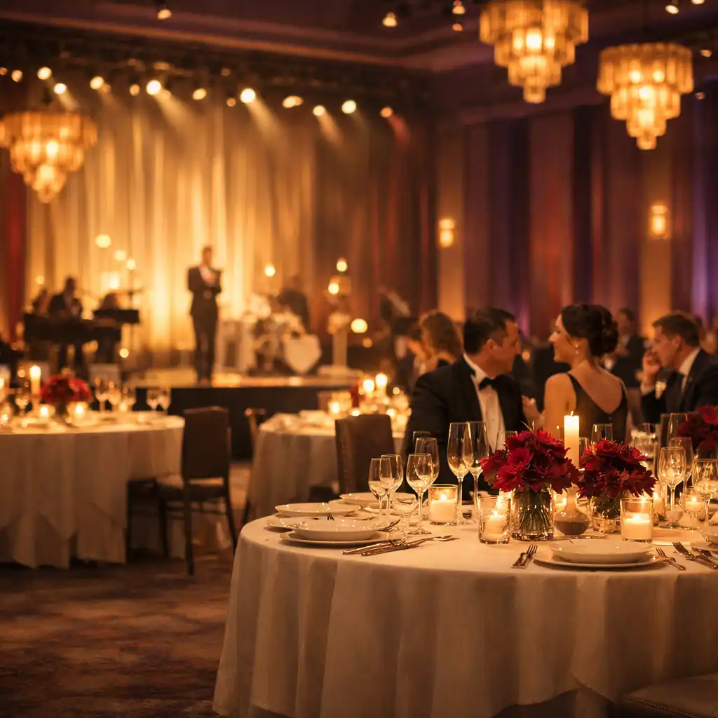 Gala room with controlled stage and table lighting